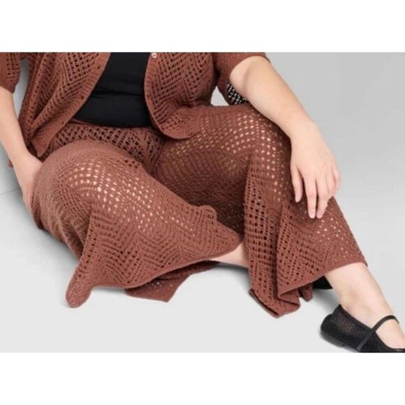 Wild Fable Crotchet Knit Brown Sparkly Wide Leg Pants With Bottom Side Slits - Picture 2 of 8